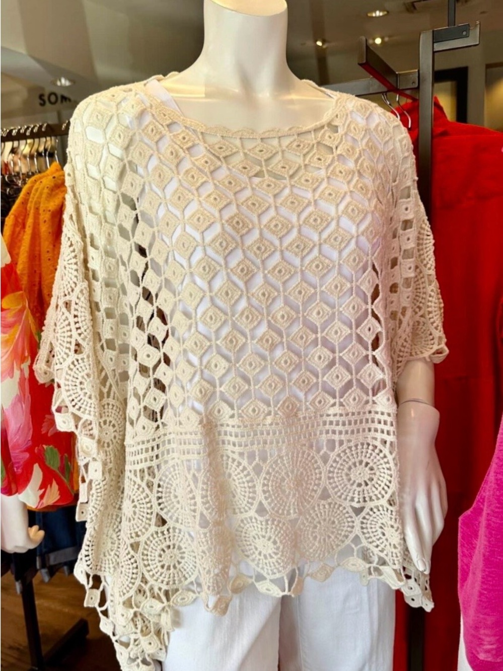 Chico's Cream Crochet Openwork Poncho Top size S/M